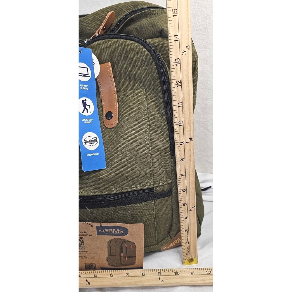NWT RMS Canvas Sport Backpack Olive Green Laptop Sleeve Hiking Bag - Picture 3 of 4